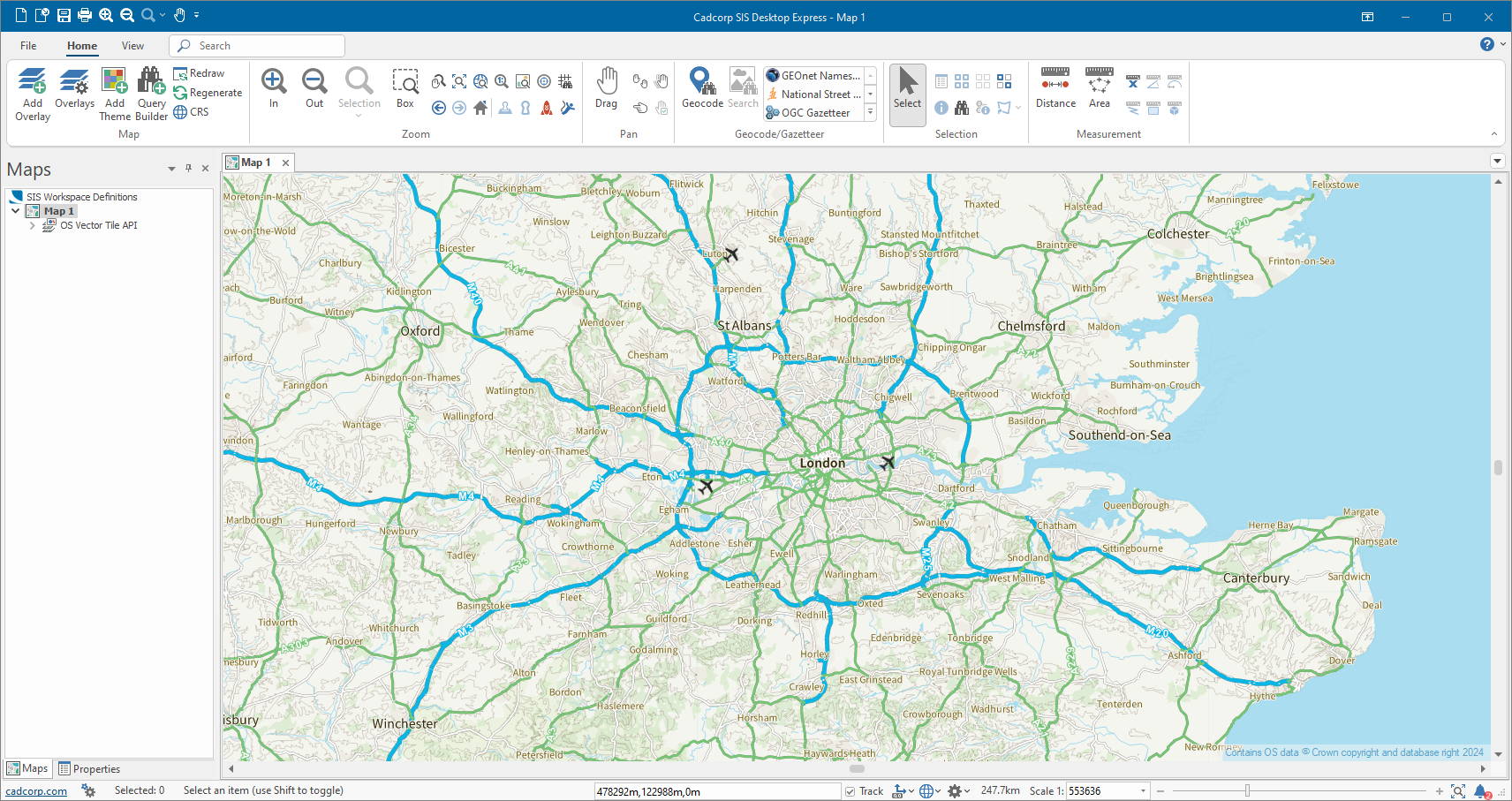 Cadcorp SIS Desktop showing loaded OS Vector Tiles in SWD and map area