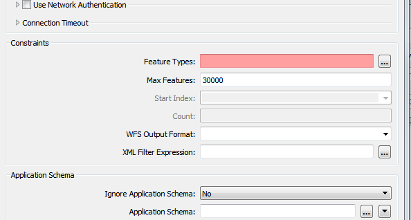 ArcMap Parameters dialog showing Constraints > Feature Types field