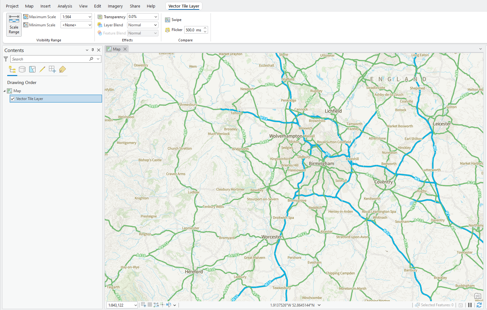 ESRI ArcGIS Pro UI showing OS Vector Tiles API in the map area.