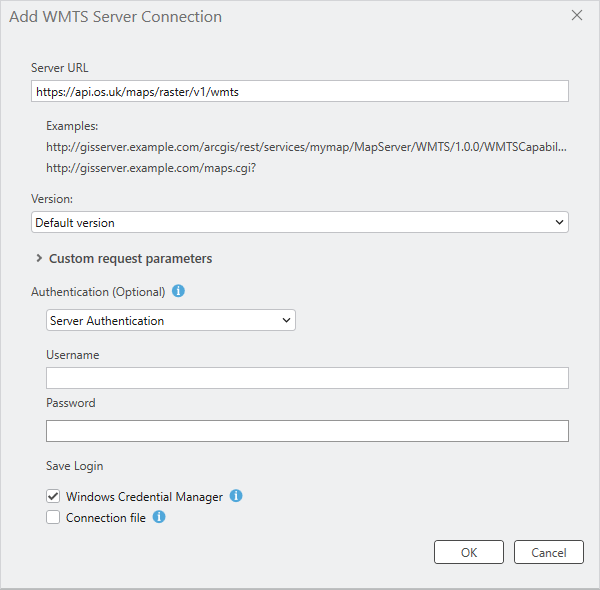ESRI ArcGIS Pro Add WMTS Server Connection dialog.