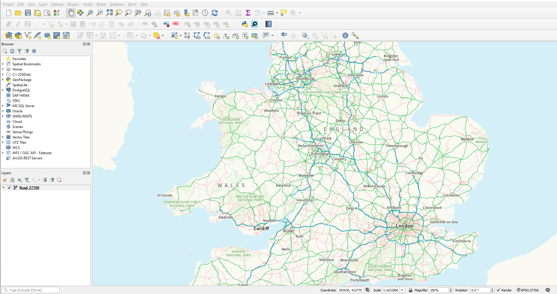 QGIS UI showing OS Maps API in map area