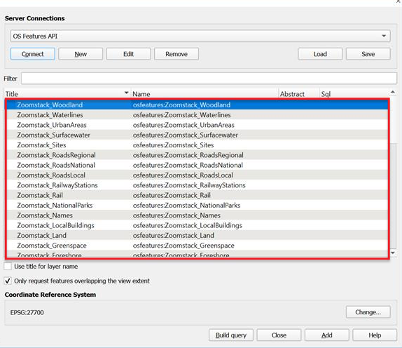 QGIS Data Source Manager | WFS dialog showing OS Features API layers in Server Connections