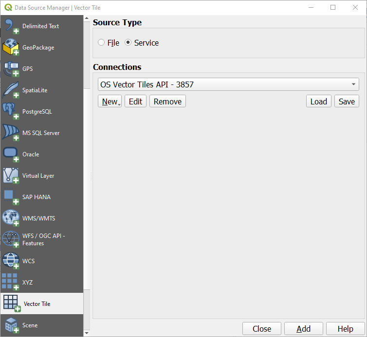 Data Source Manager | Vector Tile dialog