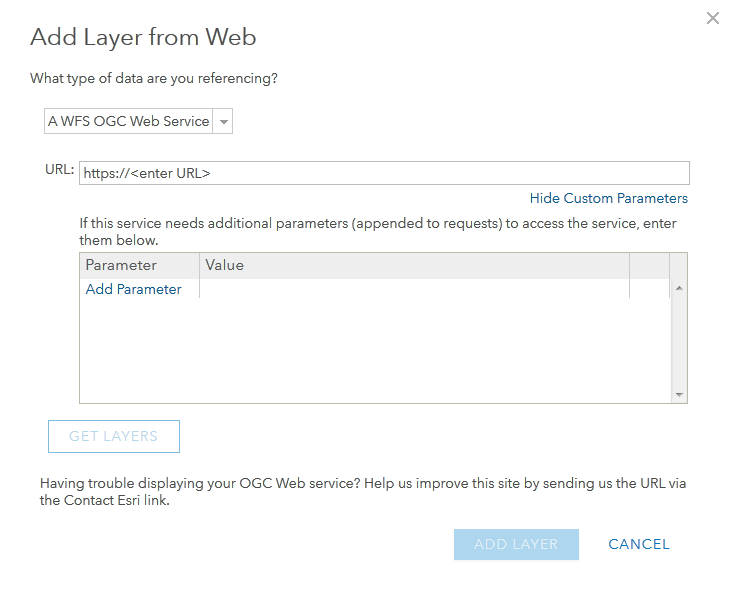 ArcGIS Online Add Layer from Web dialog