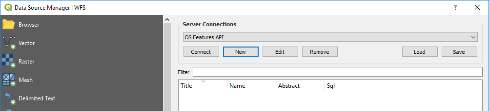 QGIS Data Source Manager | WFS dialog