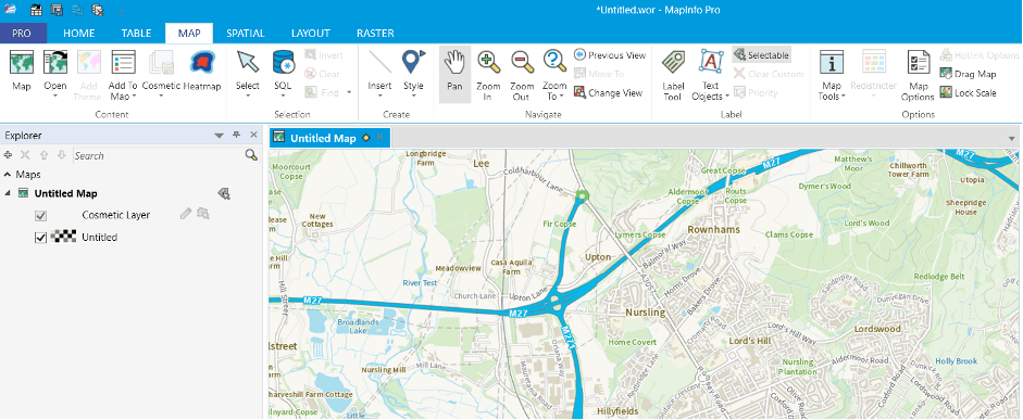 MapInfo Pro UI showing OS Maps API data in the map area
