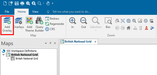 Cadcorp SIS Desktop UI showing Home > Add Overlay navigation option