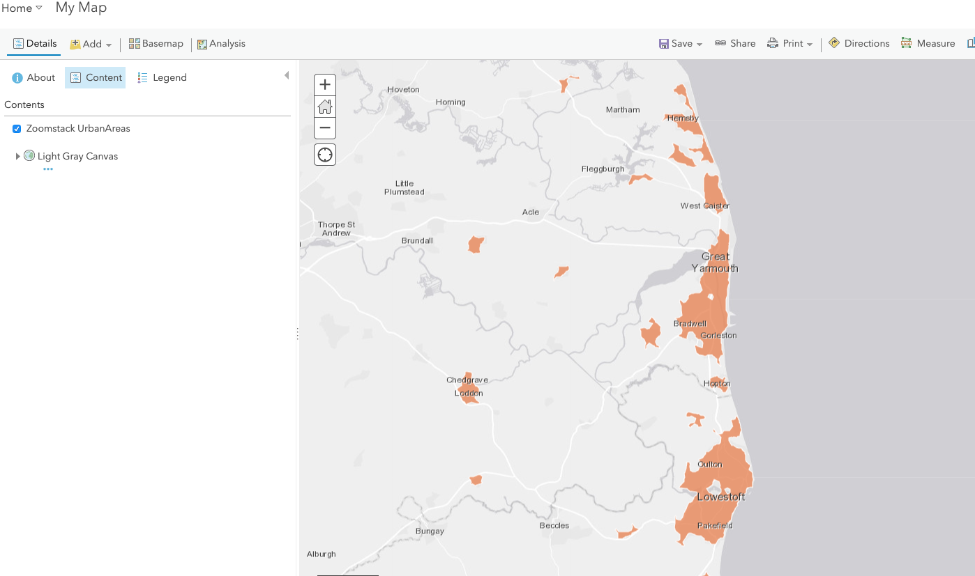ArcGIS Online showing selected OS Features API layers displaying on top of the base map.