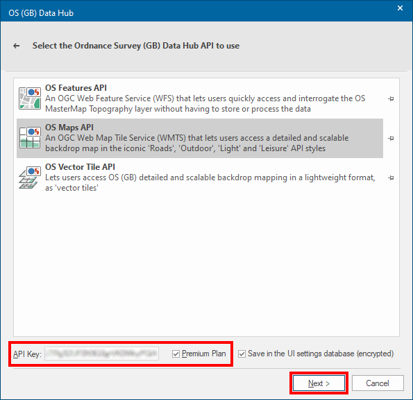 Cadcorp SIS Desktop  OS (GB) Data Hub dialog