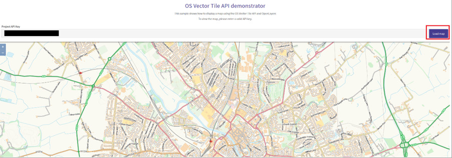 OS Vector Tile API demonstrator displaying an example map