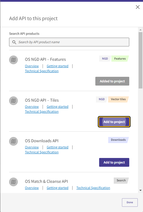 Example API Dashboard showing Add API to this project dialog