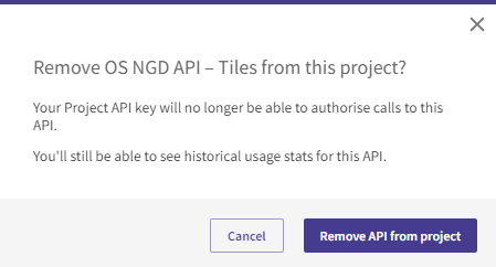 Example API Dashboard showing Remove OS NGD API - Tiles from this project confirmation dialog