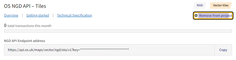 Example API Dashboard showing Remove from project button for OS NGD API - Tiles