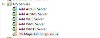 ArcMap Catalog window showing OS Maps API on api.os.uk in GIS Servers